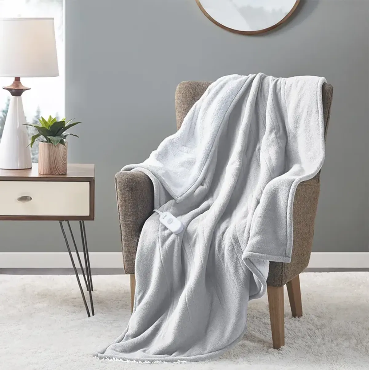 Serta Fleece to Sherpa Light Grey Heated Throw