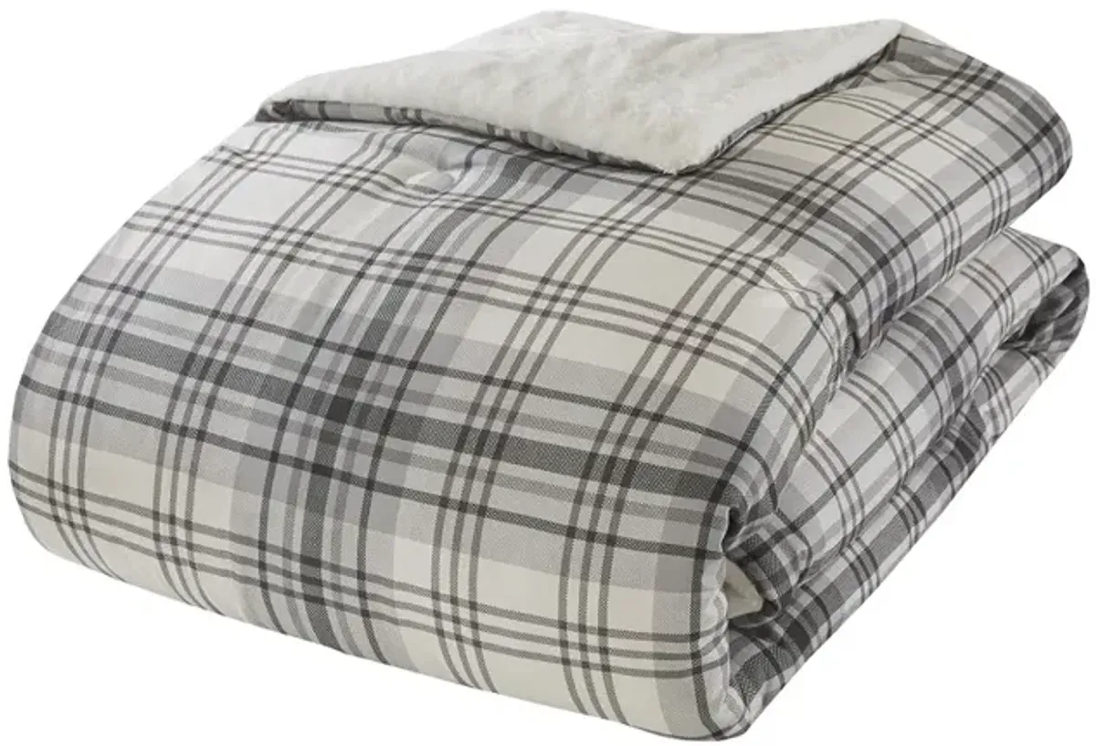 Woolrich Bernston Gray Plaid Faux Wool to Faux Fur Down Alternative Comforter Set