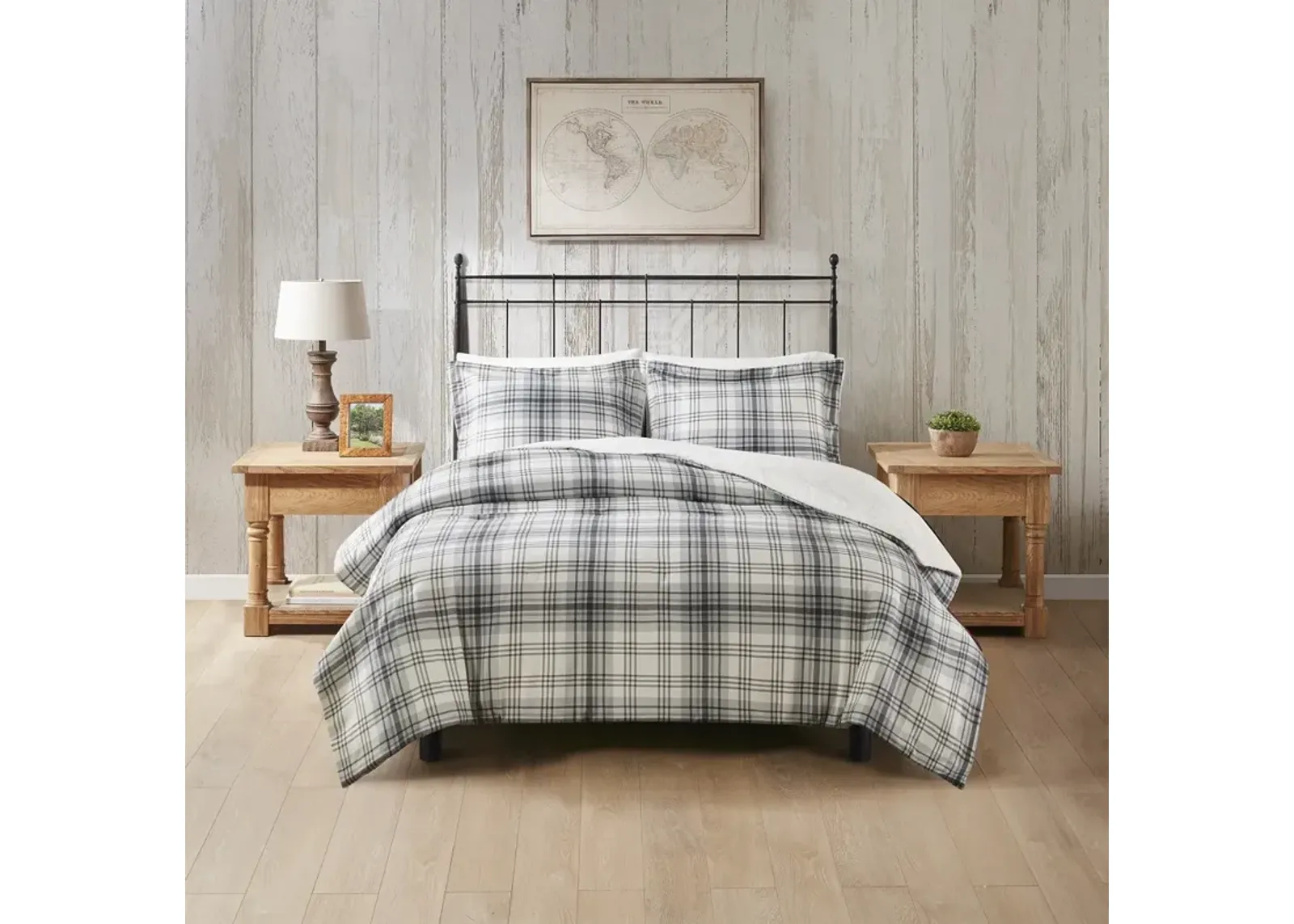 Woolrich Bernston Gray Plaid Faux Wool to Faux Fur Down Alternative Comforter Set