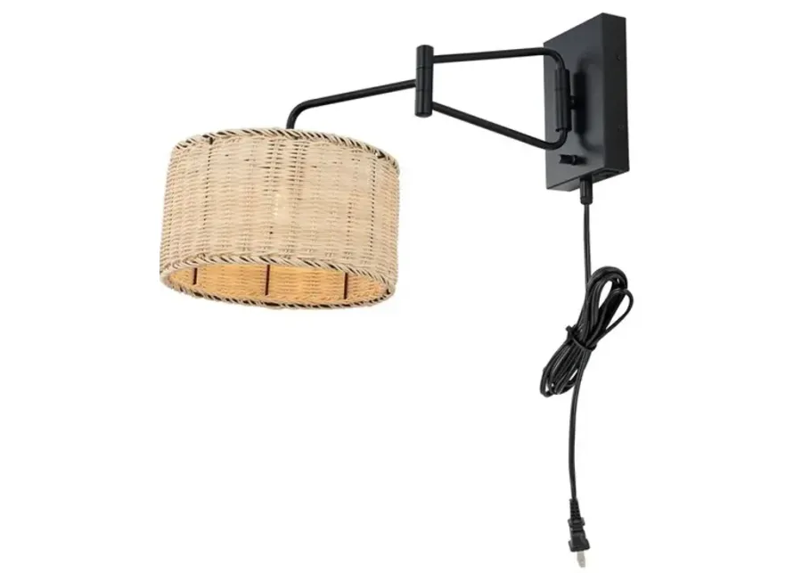 BRAMLEY, 21 INCH, NATURAL/BLACK, RATTAN/IRON WALL SCONCE SET OF 2 ?W/ USB PORT?