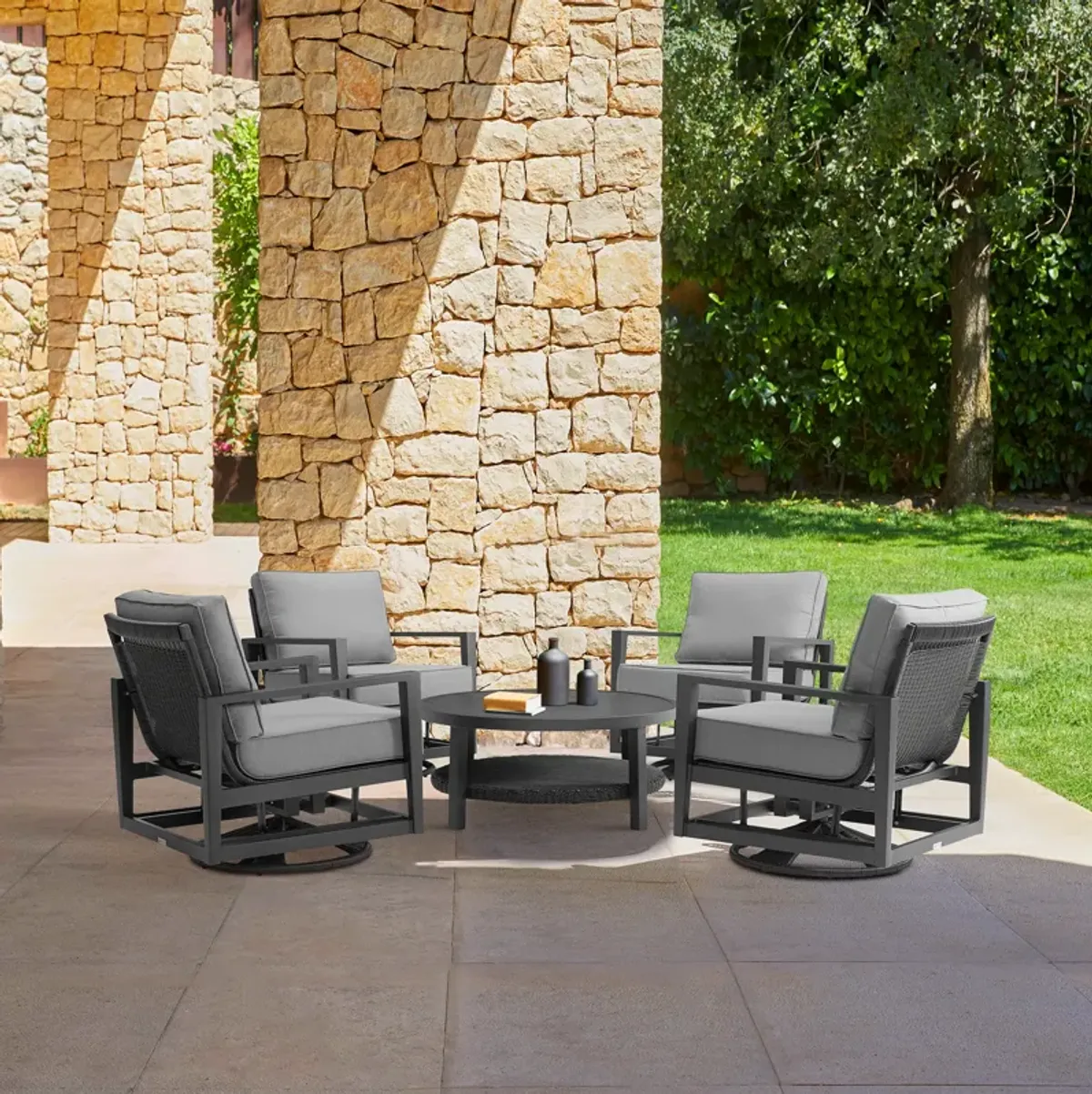 Grand Black Aluminum Outdoor Swivel Glider Chair with Dark Gray Cushions