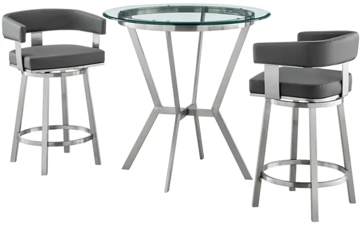 Naomi and Lorin 3-Piece Counter Height Dining Set in Brushed Stainless Steel and Grey Faux Leather