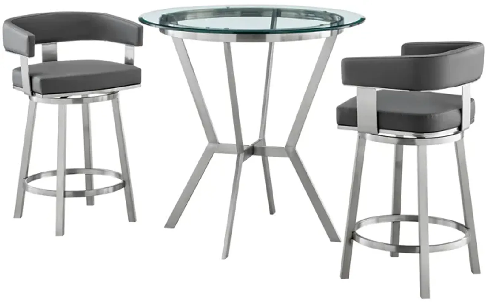 Naomi and Lorin 3-Piece Counter Height Dining Set in Brushed Stainless Steel and Grey Faux Leather