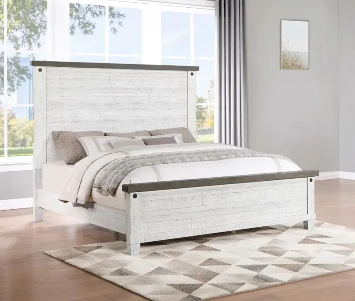 Lilith Eastern King Panel Bed Distressed Grey and White