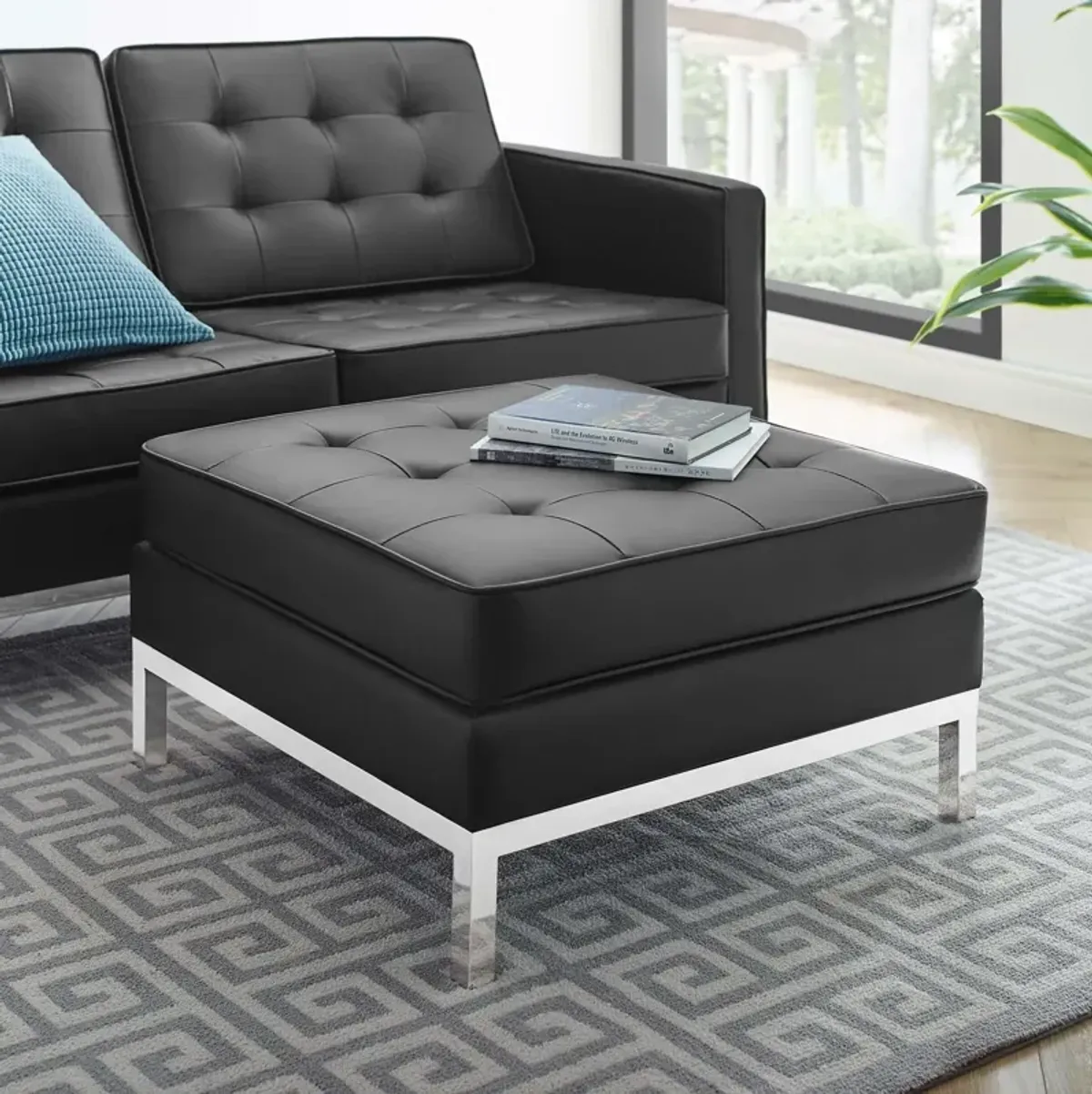 Loft Tufted Upholstered Faux Leather Ottoman