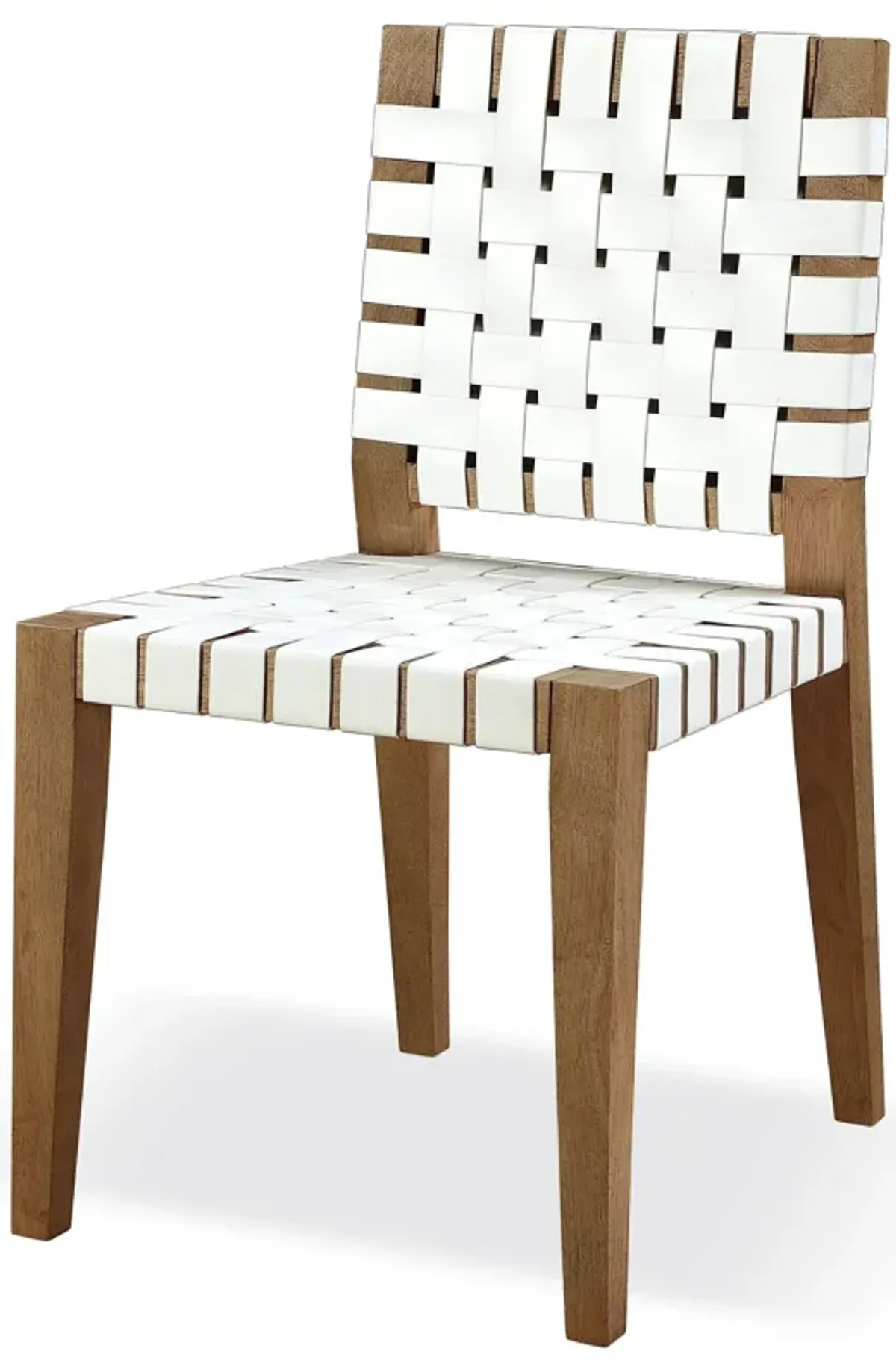 One Woven Leather and Solid Wood Dining Side Chair in White and Bisque