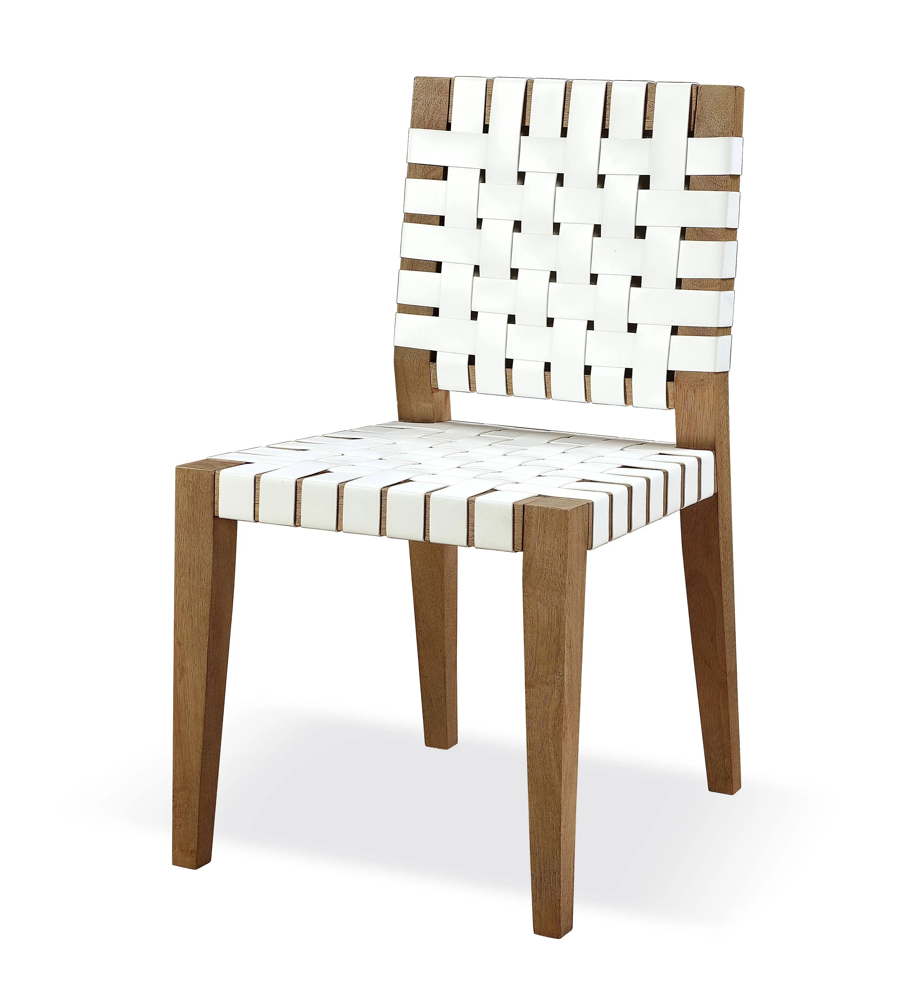 One Woven Leather and Solid Wood Dining Side Chair in White and Bisque