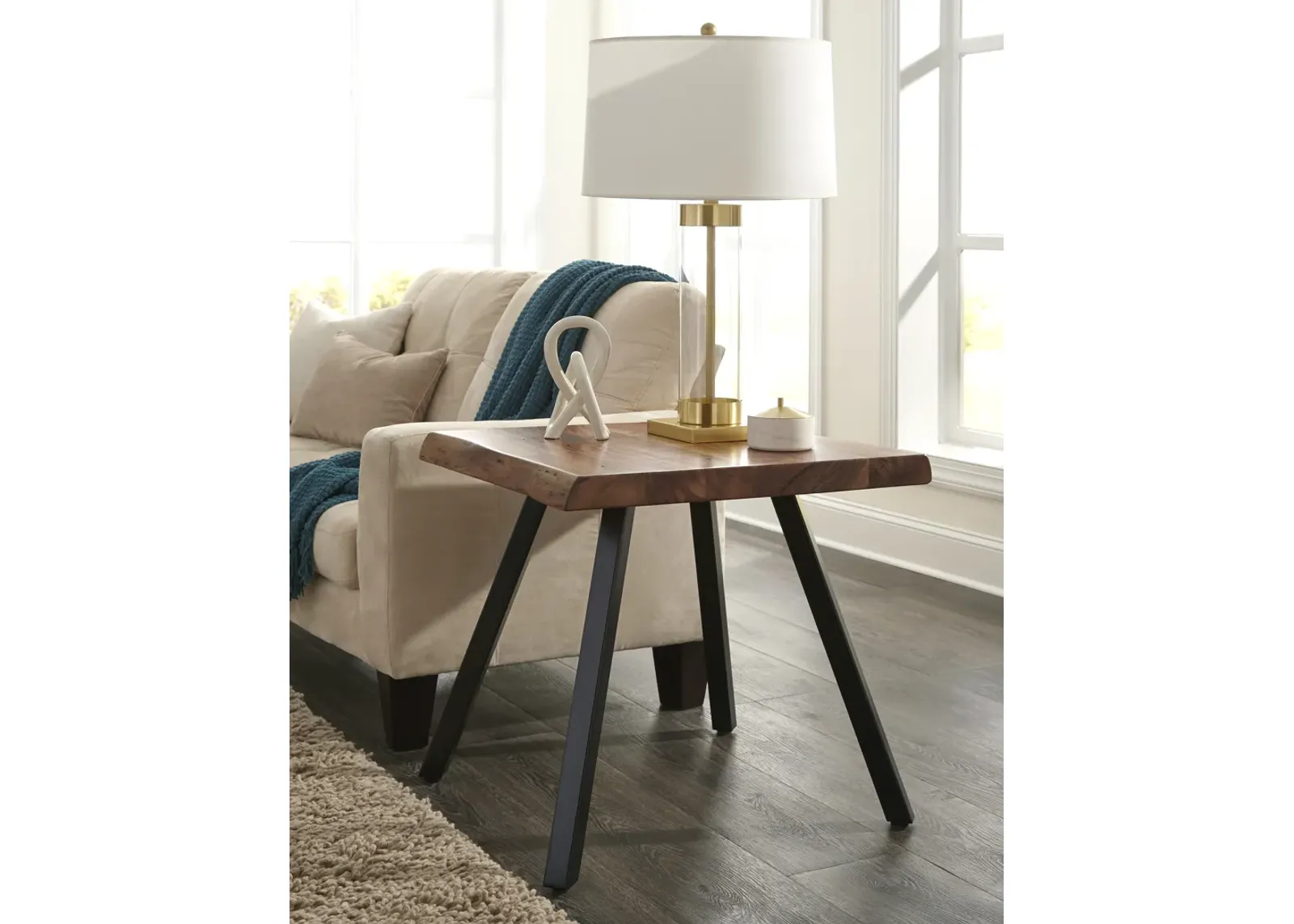 Reese Live Edge Solid Wood Metal Leg End Table in Natural Acacia