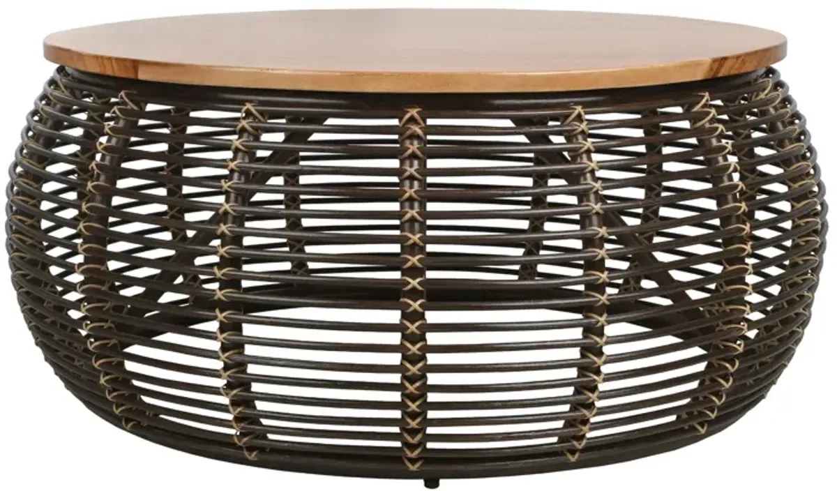 Iris Rattan Coffee Table w/ Wood Top, Espresso Brown 