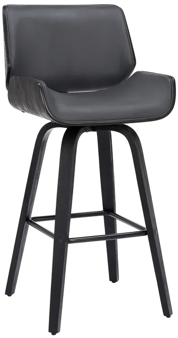 Tyler 30" Bar Height Swivel Grey Faux Leather and Black Wood Bar Stool