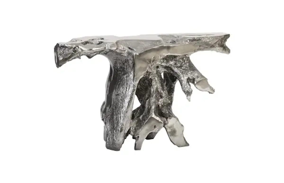 brivo freeform console table, liquid silver