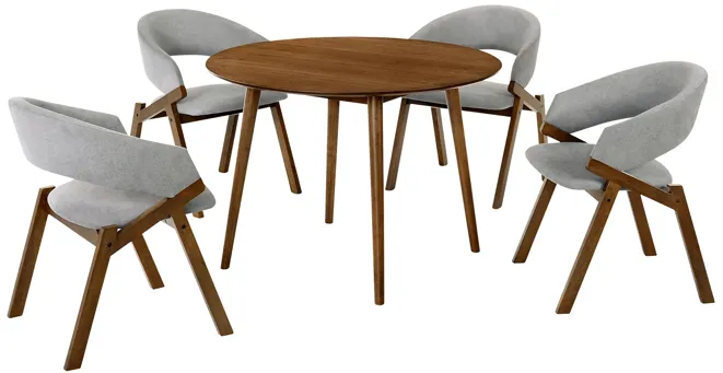 Arcadia and Talulah 42" Round Grey and Walnut Wood 5 Piece Dining Set