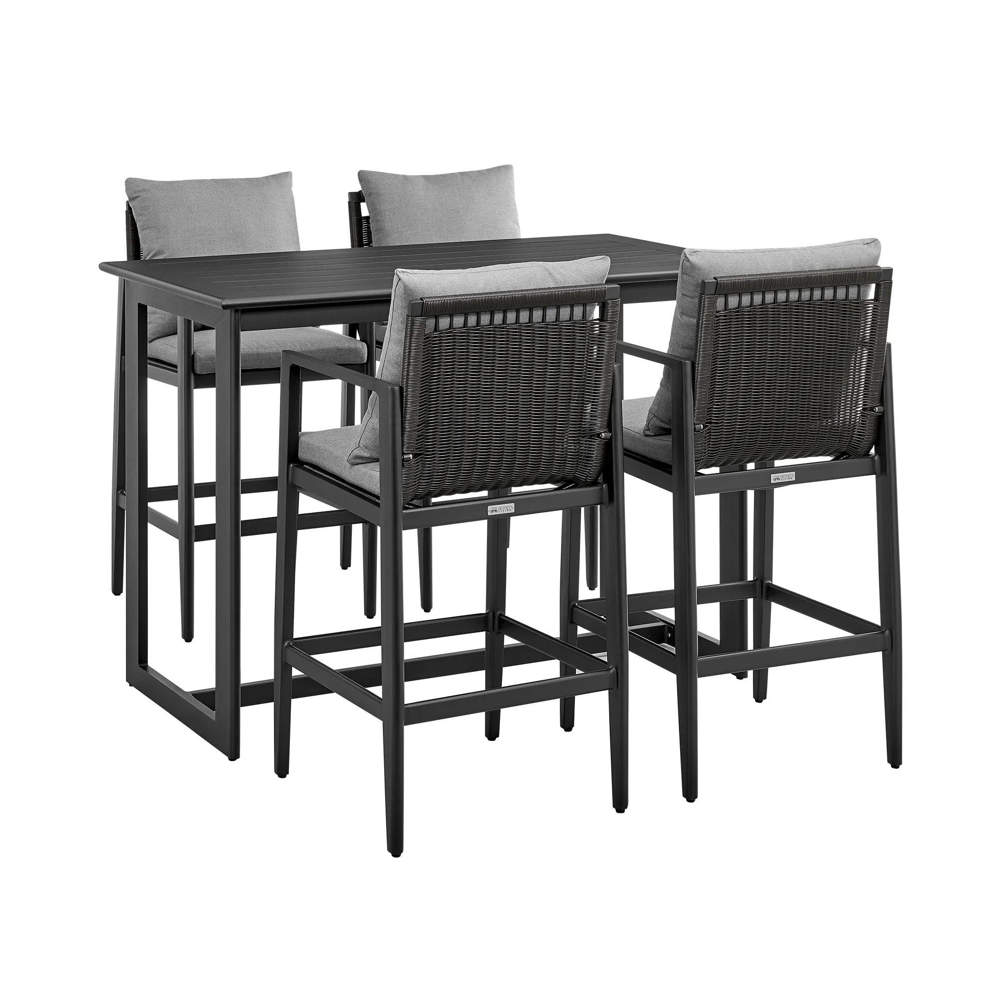 Cayman Outdoor Patio 5-Piece Bar Table Set in Aluminum with Grey Cushions