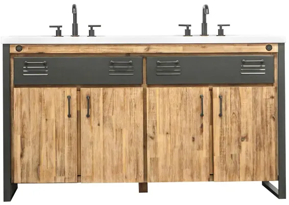 Irondale Vanity W61 in Solid Acacia Wood and Metal with White Basin