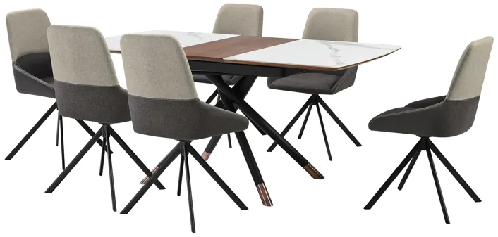 Alora Maverick 7 Piece Extendable Dining Set with Two-Tone Gray Fabric Chairs