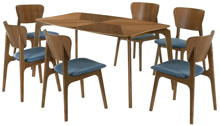 Kalia 7 Piece Wood Dining Set in Walnut Finish with Blue Fabric