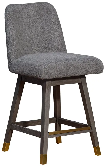 Amalie Swivel Counter Stool In Gray Oak Wood Finish With Gray Boucle Fabric