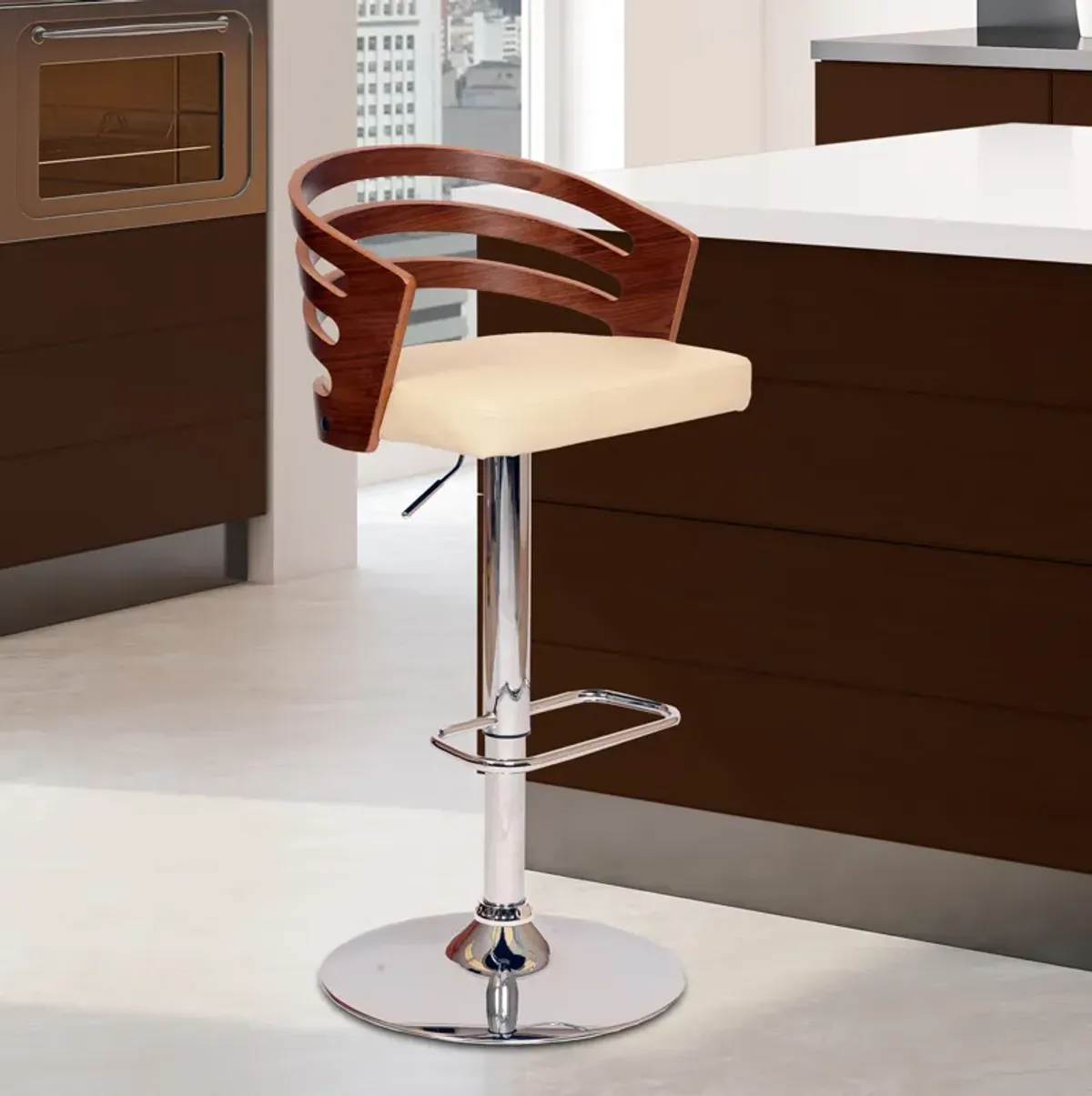 Adele Adjustable Height Swivel Cream Faux Leather and Walnut Wood Bar Stool with Chrome Base