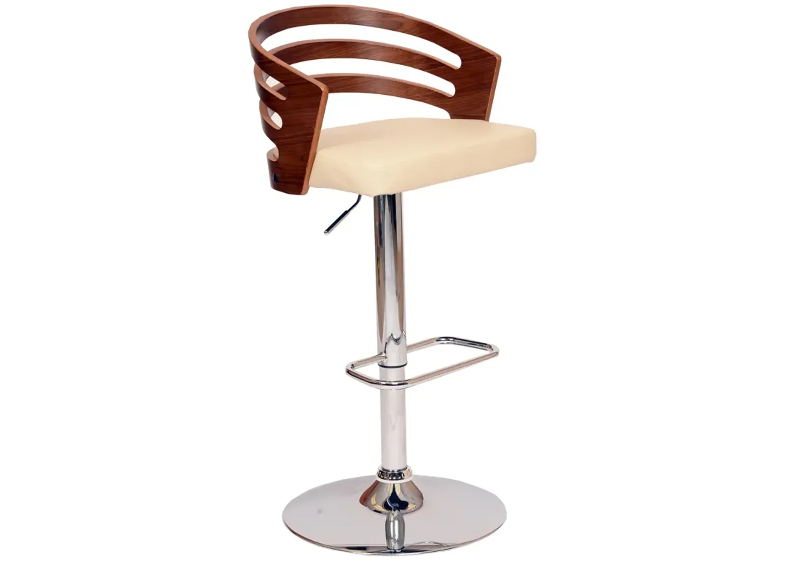 Adele Adjustable Height Swivel Cream Faux Leather and Walnut Wood Bar Stool with Chrome Base