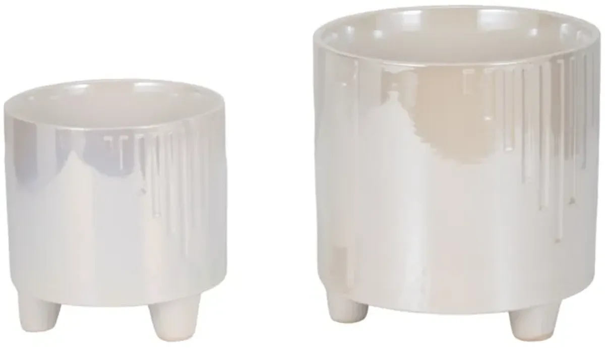 S/2 6/8" Iridescent Line Footed Planters, Ivory