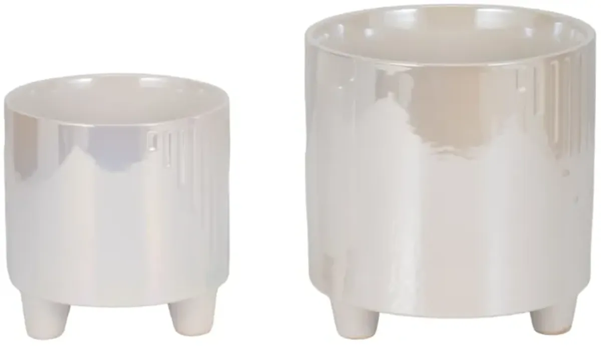 S/2 6/8" Iridescent Line Footed Planters, Ivory