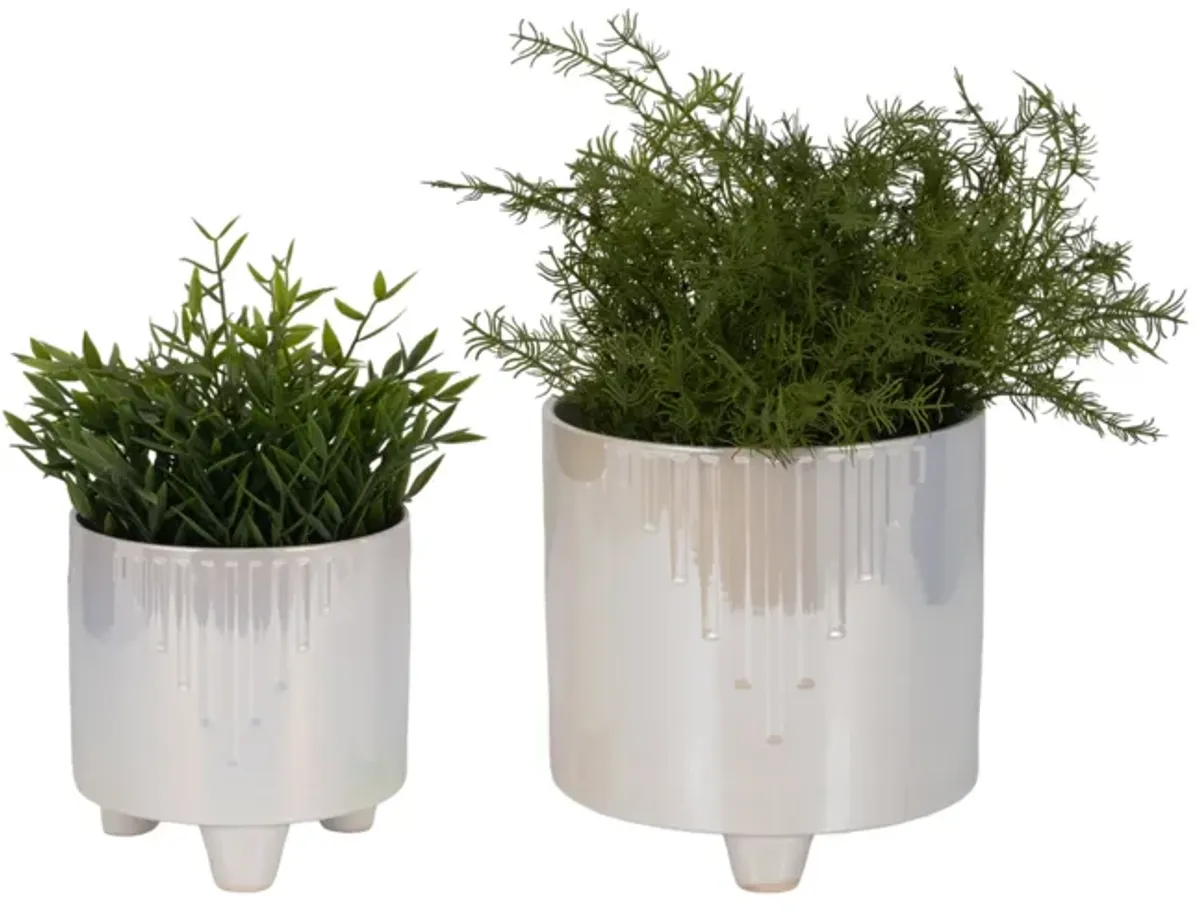 S/2 6/8" Iridescent Line Footed Planters, Ivory