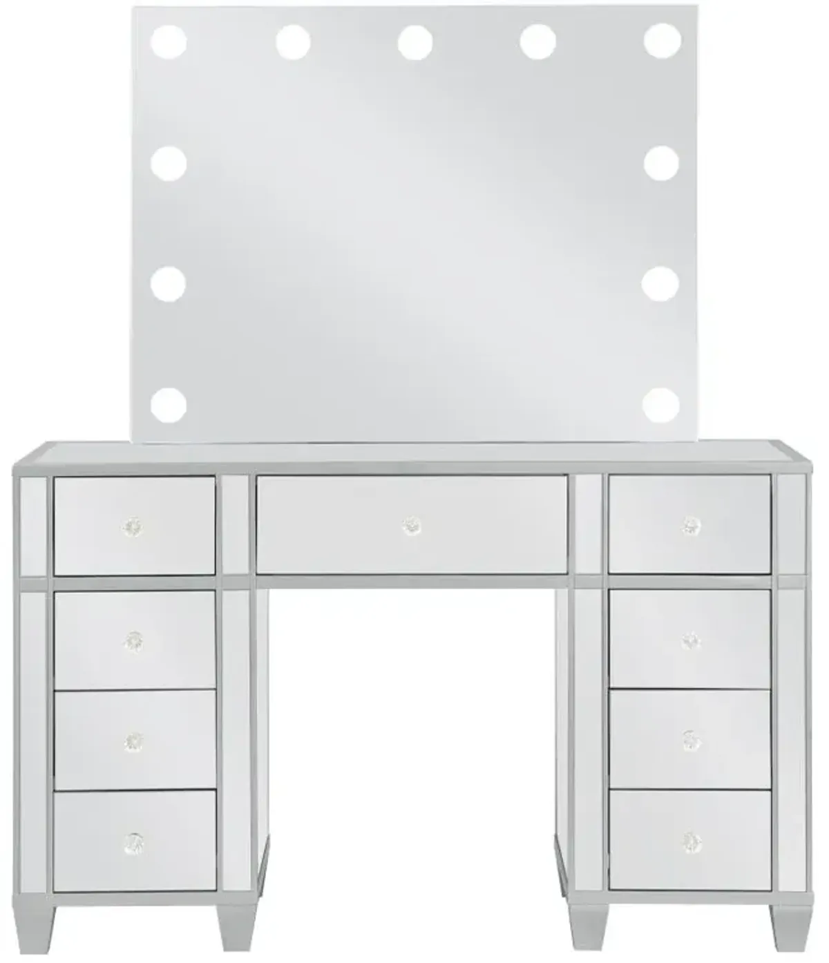 Allora 9-drawer Mirrored Storage Vanity Set with Hollywood Lighting Metallic