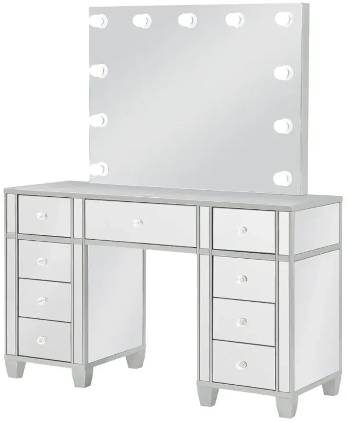 Allora 9-drawer Mirrored Storage Vanity Set with Hollywood Lighting Metallic