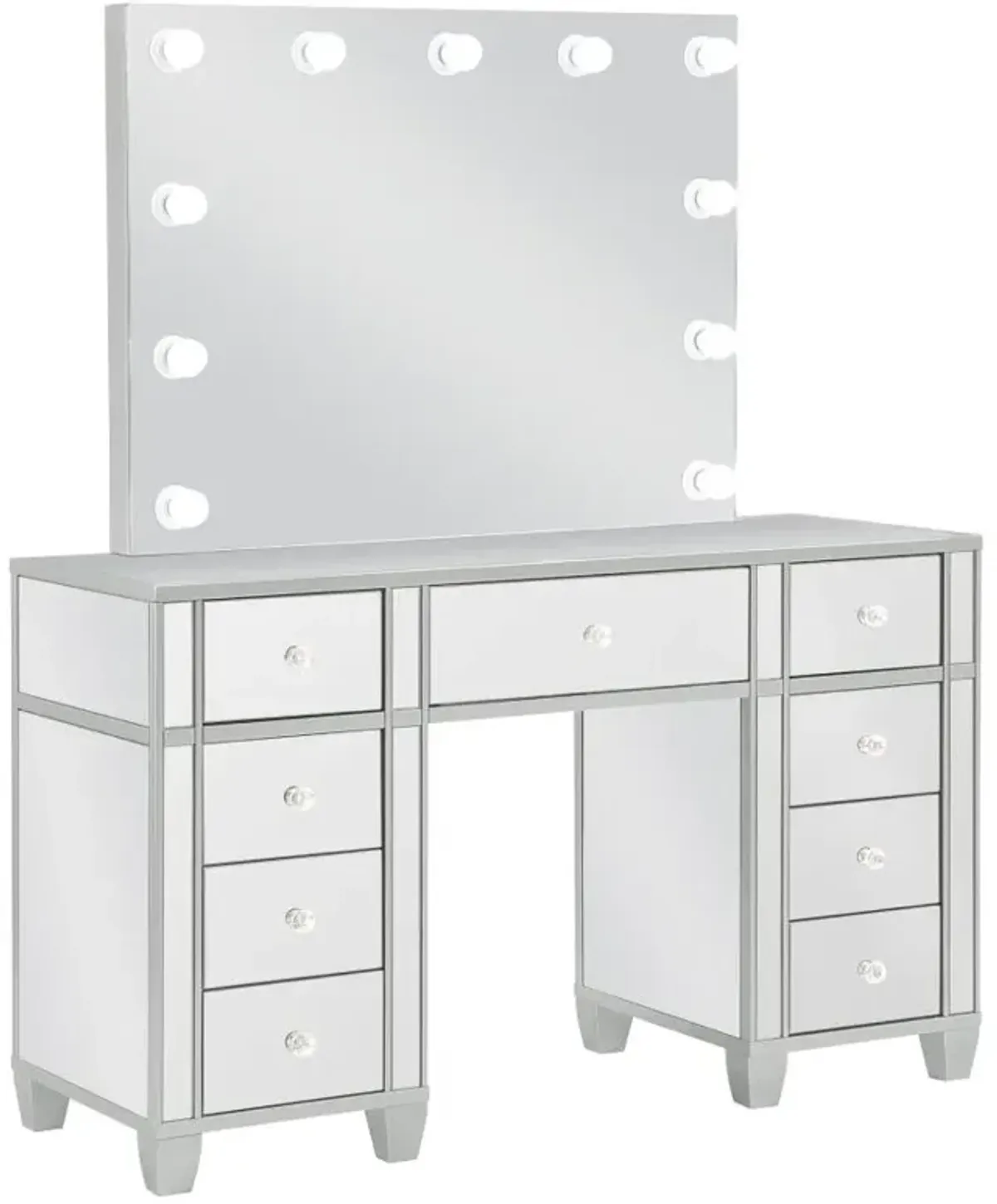 Allora 9-drawer Mirrored Storage Vanity Set with Hollywood Lighting Metallic