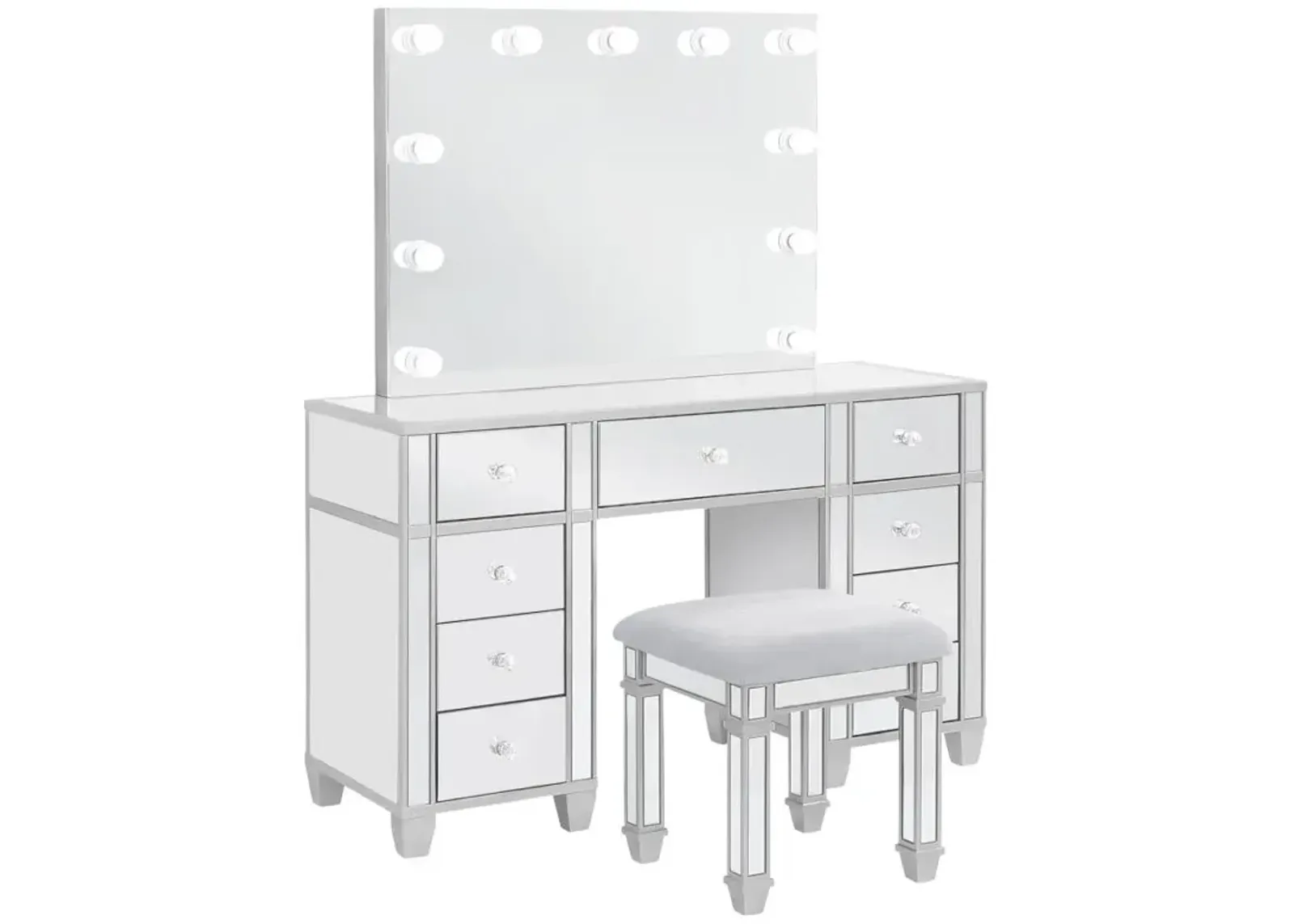 Allora 9-drawer Mirrored Storage Vanity Set with Hollywood Lighting Metallic