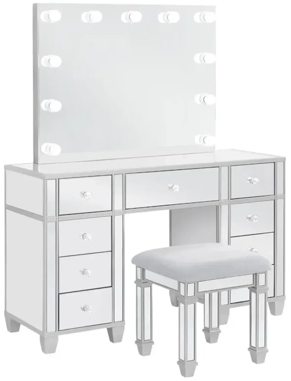 Allora 9-drawer Mirrored Storage Vanity Set with Hollywood Lighting Metallic