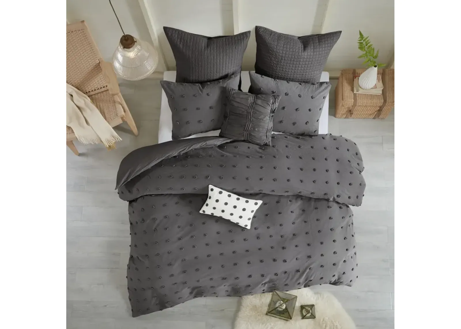 Urban Habitat Brooklyn Charcoal Cotton Jacquard Duvet Cover Set with Euro Shams and Throw Pillows