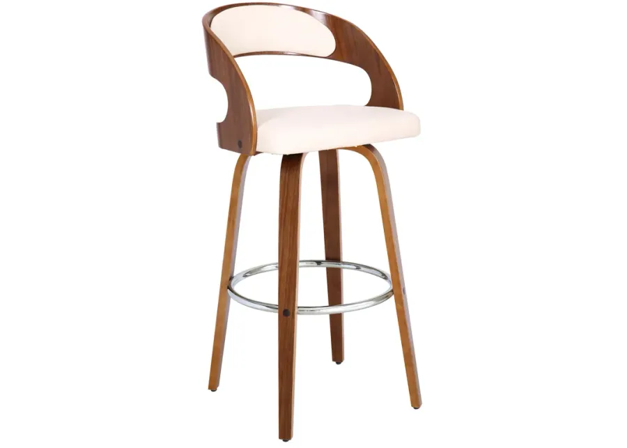 Shelly 30" Bar Height Swivel Cream Faux Leather and Walnut Wood Bar Stool