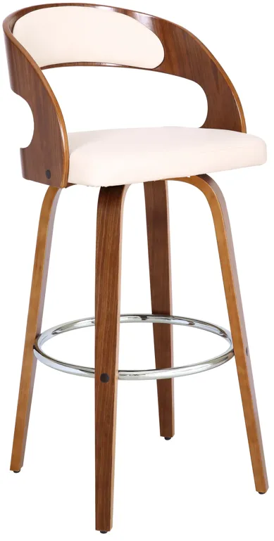 Shelly 30" Bar Height Swivel Cream Faux Leather and Walnut Wood Bar Stool