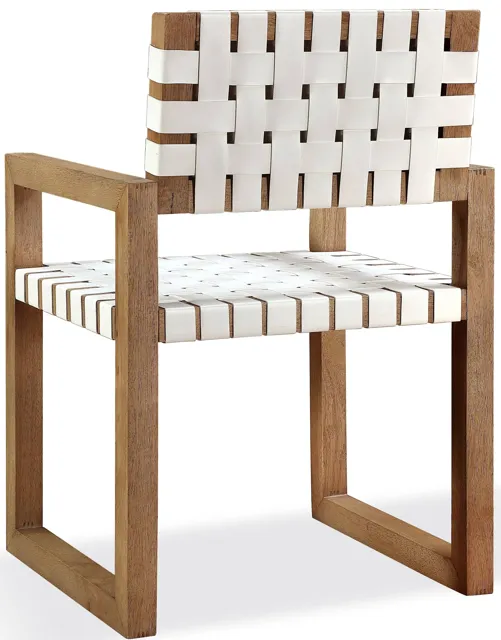 One Woven Leather and Solid Wood Dining Arm Chair in White and Bisque