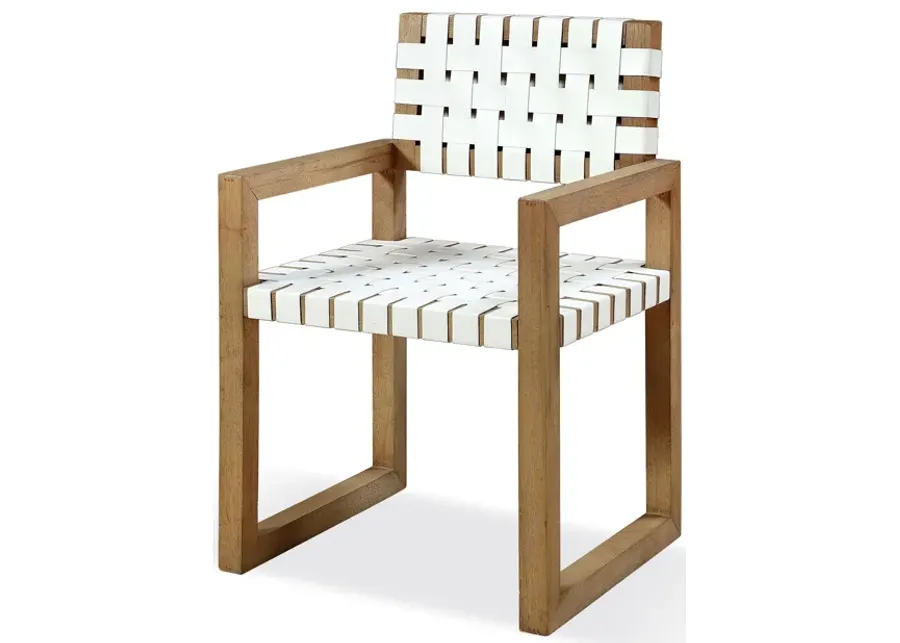 One Woven Leather and Solid Wood Dining Arm Chair in White and Bisque