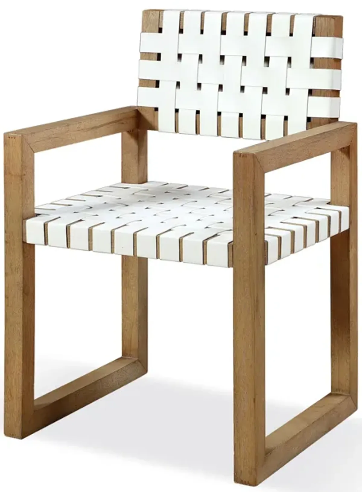 One Woven Leather and Solid Wood Dining Arm Chair in White and Bisque