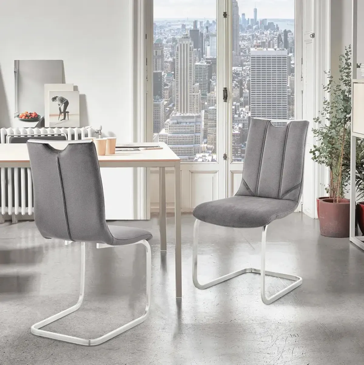 Pacific Dining Room Accent Chair in Gray Fabric and Brushed Stainless Steel Finish - Set of 2