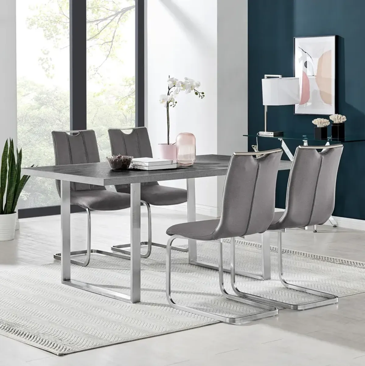 Pacific Dining Room Accent Chair in Gray Fabric and Brushed Stainless Steel Finish - Set of 2