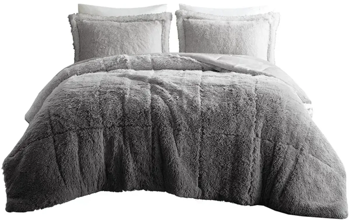 Intelligent Design Brielle Grey Ombre Shaggy Long Fur Comforter Mini Set