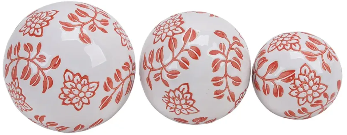 Ceramic, S/3 Fern Flower Orbs, 4/5/6" White/red