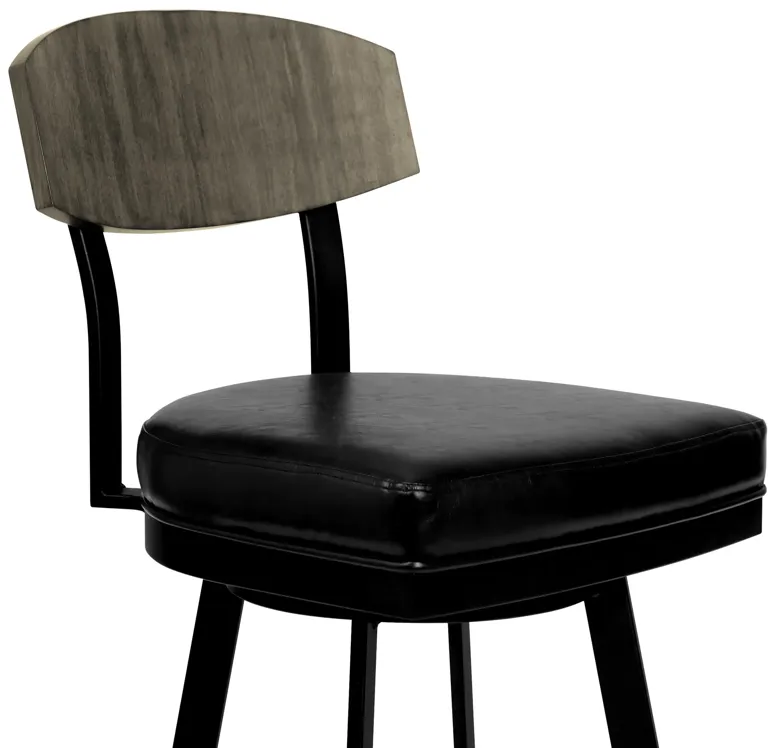 Frisco 30" Bar Height Barstool in Matte Black Finish with Black Faux Leather and Gray Walnut