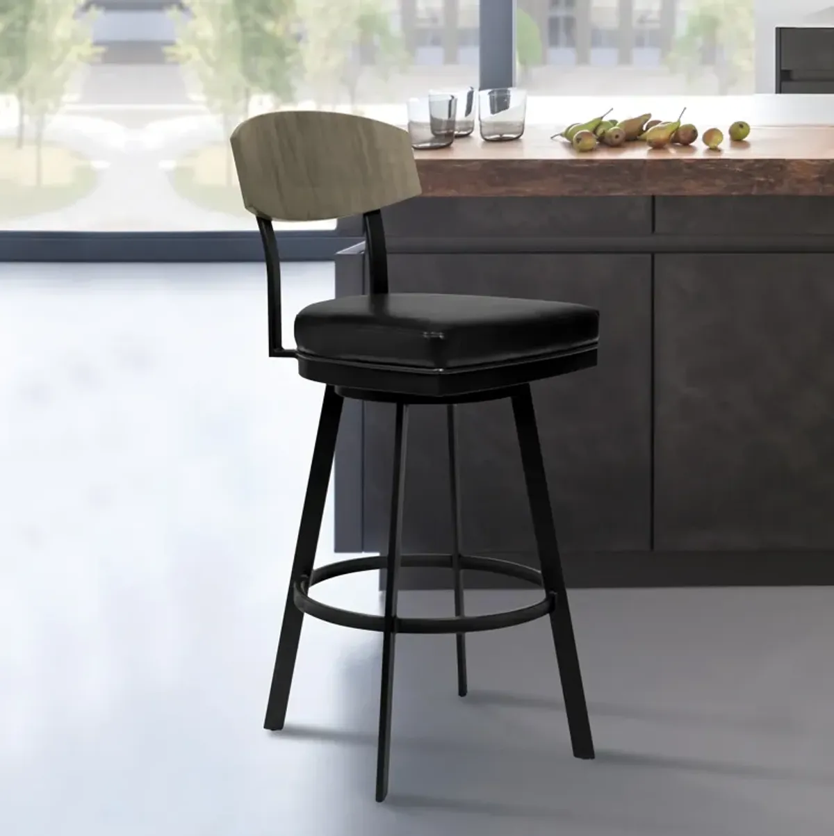 Frisco 30" Bar Height Barstool in Matte Black Finish with Black Faux Leather and Gray Walnut