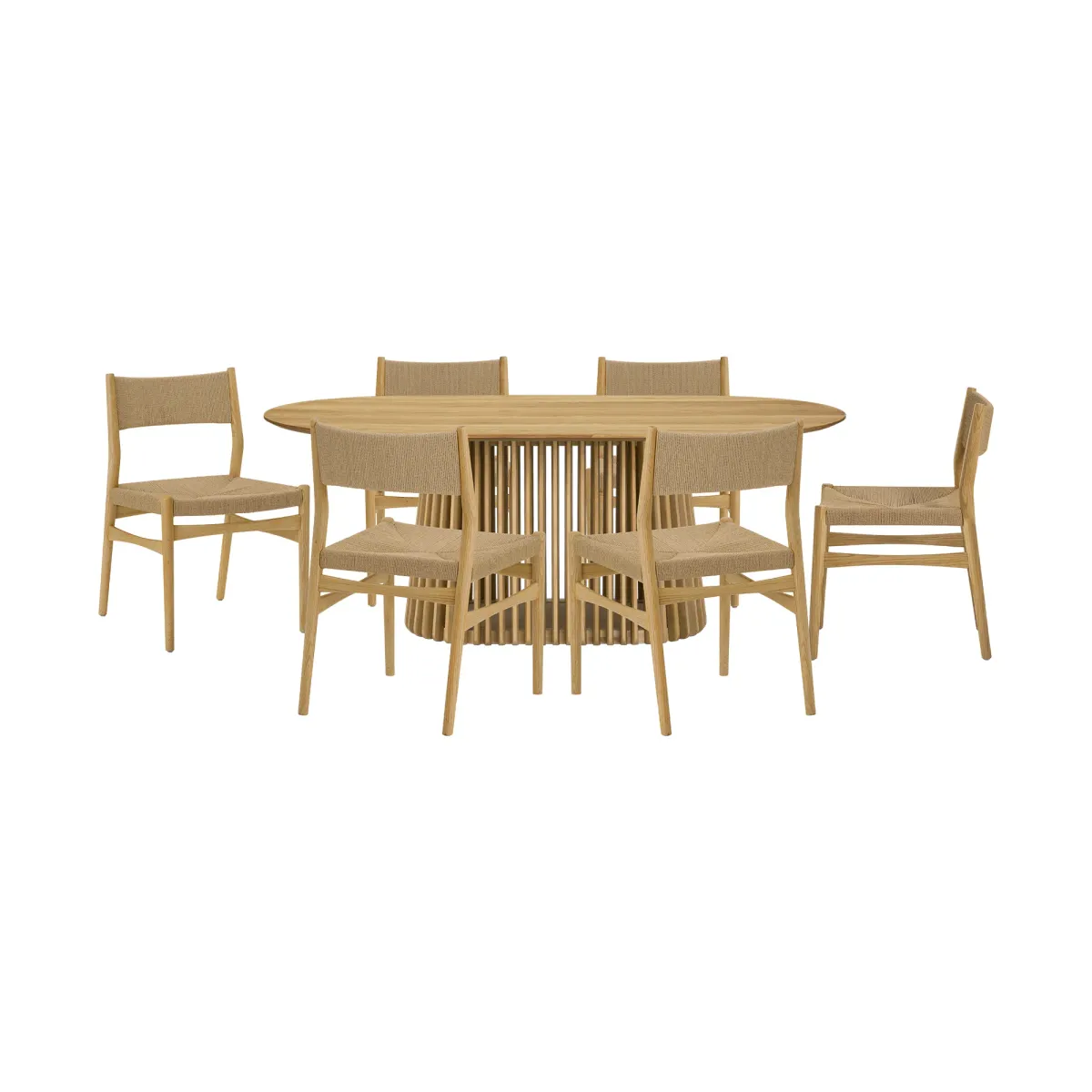 Pasadena Erie 7 Piece Oval Dining Set in Natural Oak Finish with Paper Cord Chairs