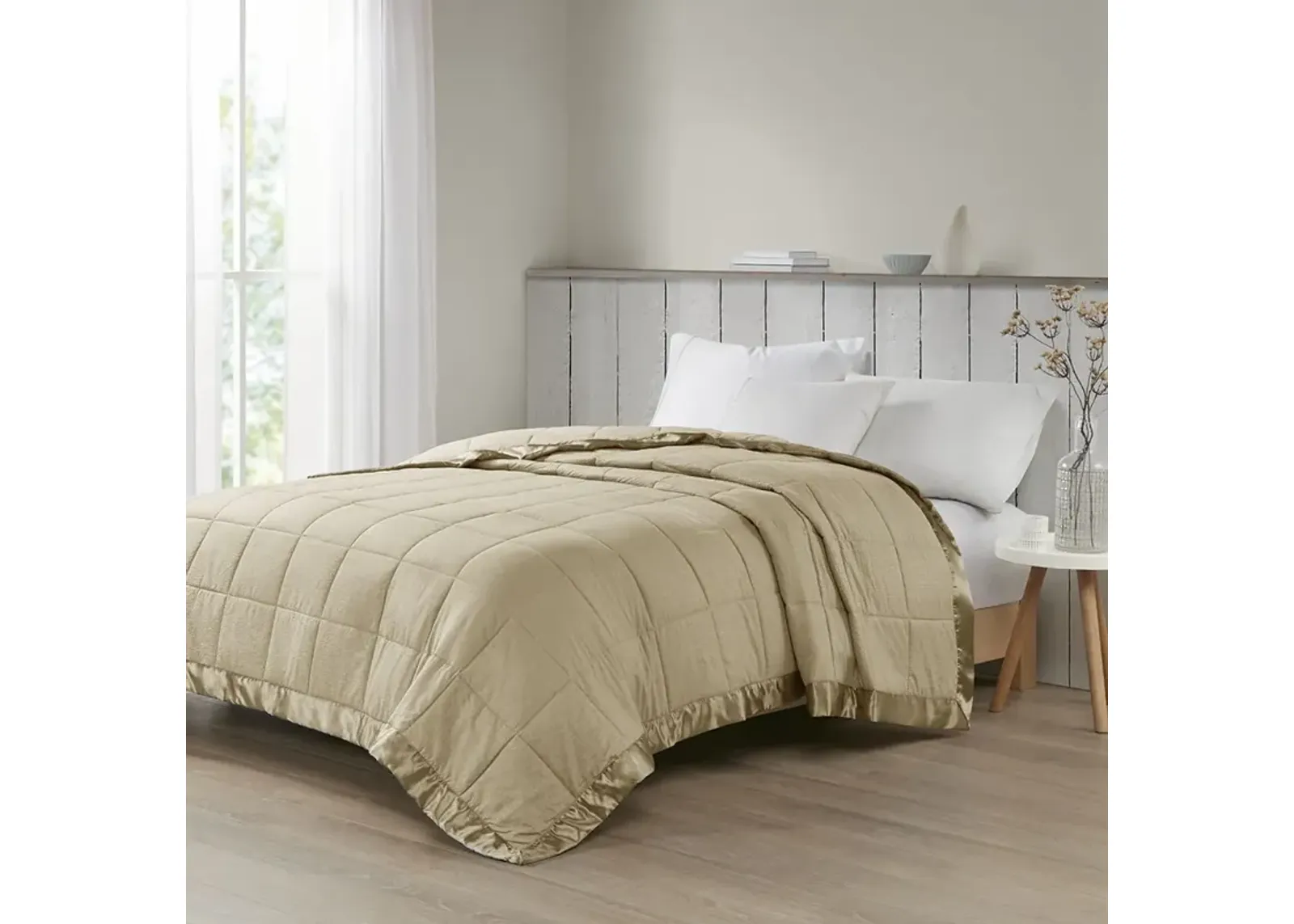 Madison Park Cambria Taupe Oversized Down Alternative Blanket with Satin Trim