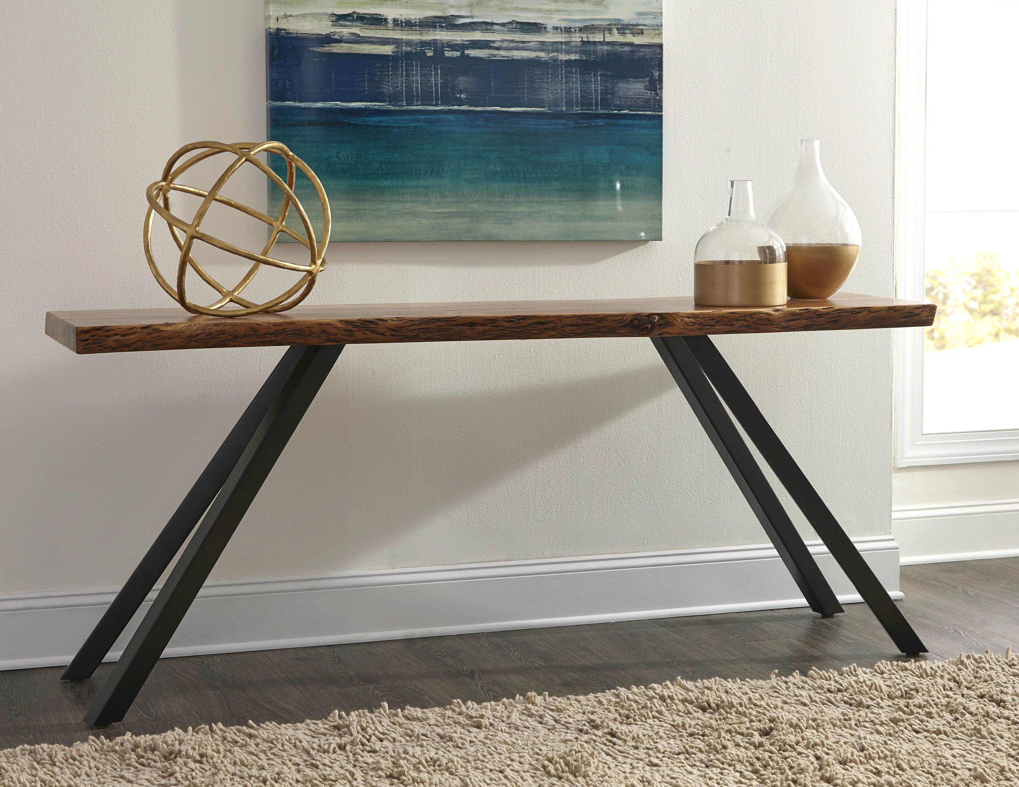 Reese Live Edge Solid Wood Metal Leg Console Table in Natural Acacia