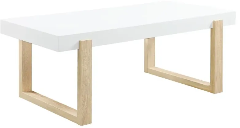 Pala Rectangular Coffee Table with Sled Base White High Gloss and Natural