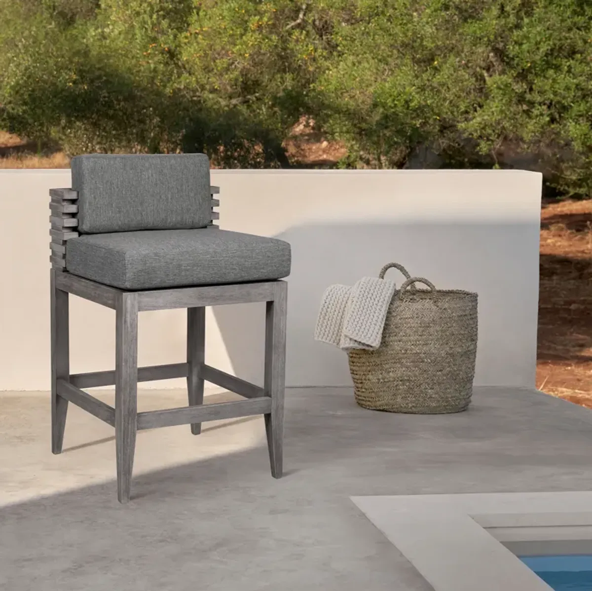 Vivid Outdoor Patio Bar Stool in Gray Eucalyptus Wood with Gray Olefin Cushions