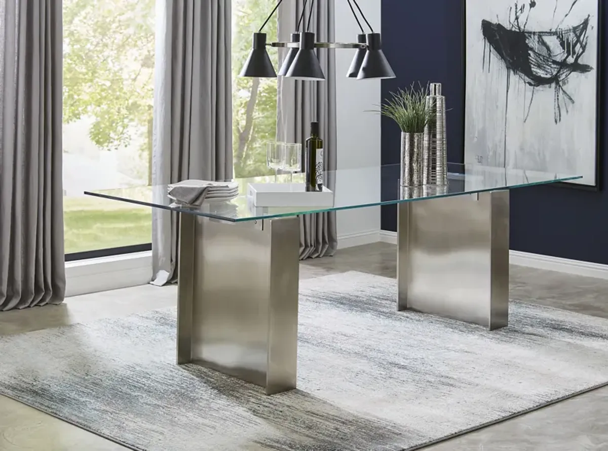 Omnia 84 inch Rectangular Dining Table Ultra Clear Glass and brushed Stainless Steel