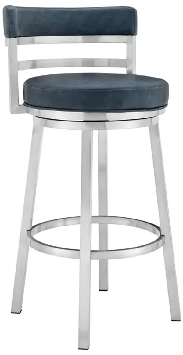 Madrid 26" Counter Height Swivel Blue Faux Leather and Brushed Stainless Steel Bar Stool